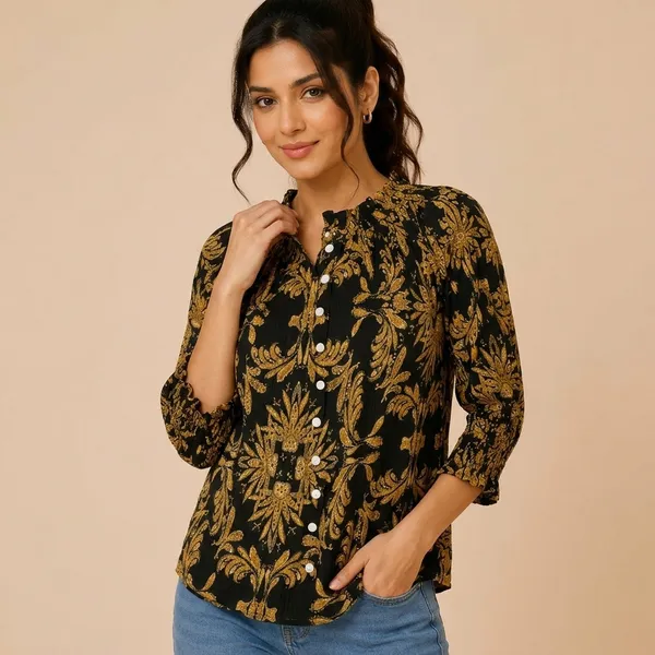 Black_Rayon_Relaxed_Fit_Floral_Print_Button_Down_Shirt_For_Women
