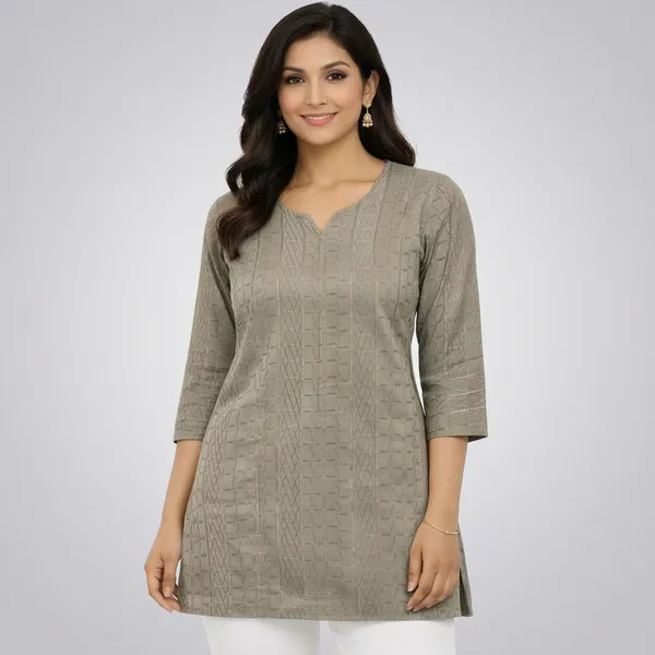 Mehndi_Cotton_Textured_V-Neck_Short_Kurti_For_Women