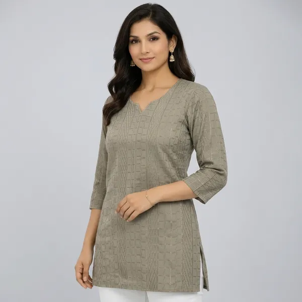 Mehndi_Cotton_Textured_V-Neck_Short_Kurti_For_Women