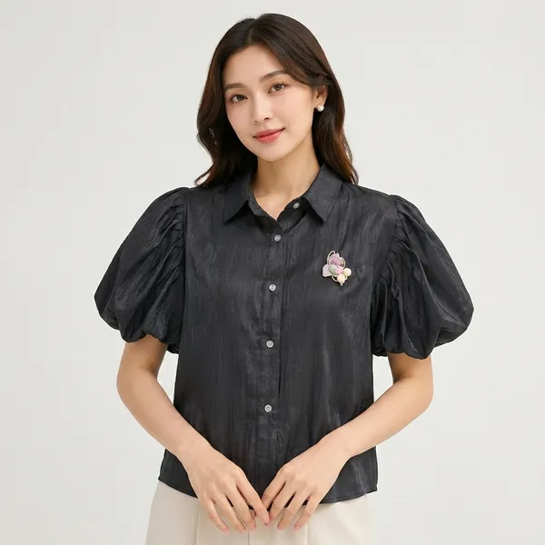 Black_Satin_Puff_Sleeve_Button_Down_Shirt_For_Women