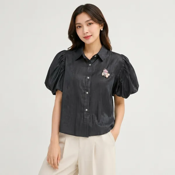 Black_Satin_Puff_Sleeve_Button_Down_Shirt_For_Women