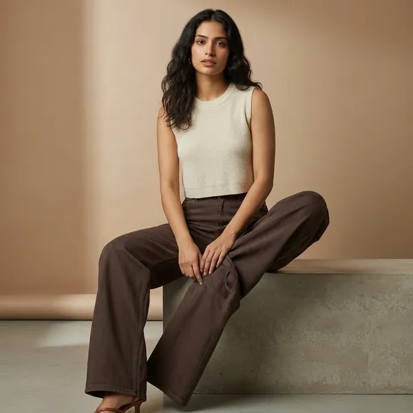 Brown_Denim_High_Waist_Wide_Leg_Trousers_For_Women
