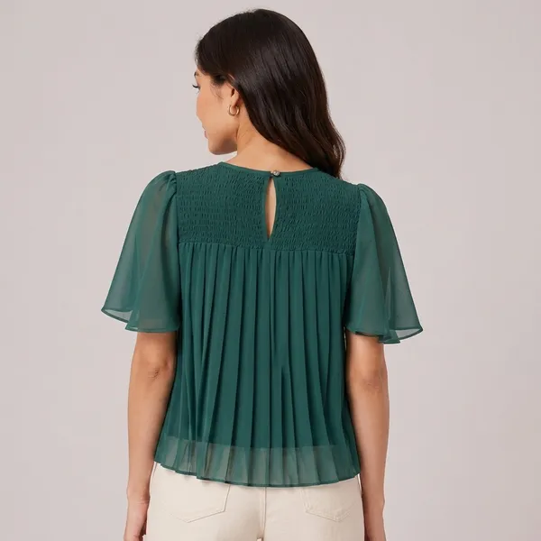 Green_Chiffon_Flutter_Sleeve_Pleated_Top_For_Women
