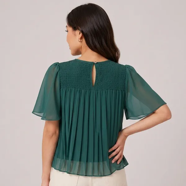 Green_Chiffon_Flutter_Sleeve_Pleated_Top_For_Women