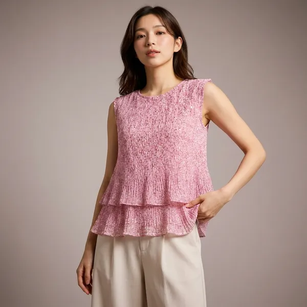 Pink_Crepe_Sleeveless_Sequin_Embellished_Layered_Top_For_Women