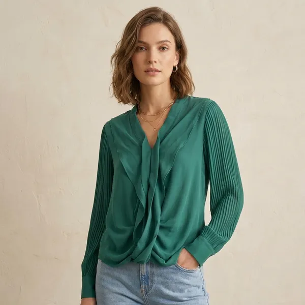 Green_Chiffon_Pleated_Sleeve_Draped_Front_Blouse_For_Women