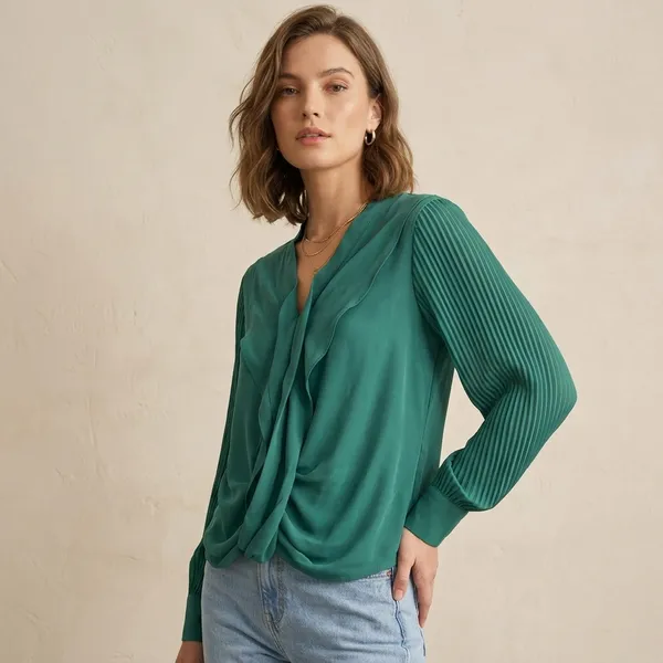 Green_Chiffon_Pleated_Sleeve_Draped_Front_Blouse_For_Women