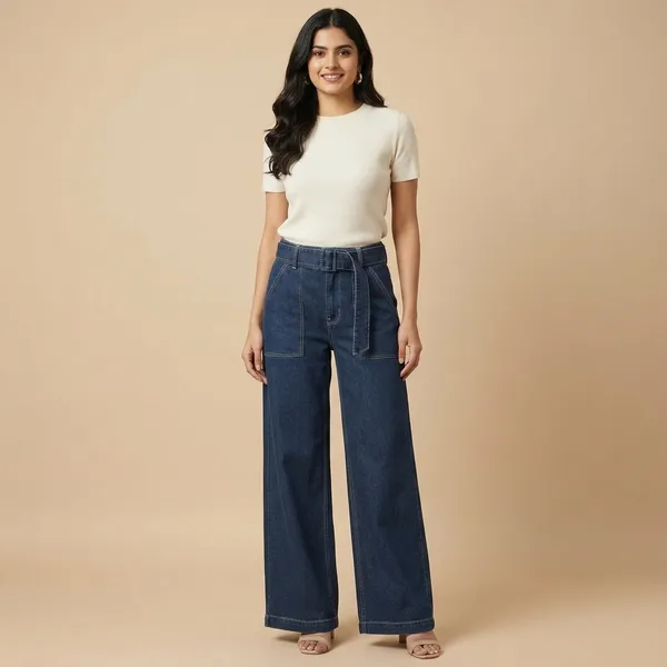 Navy_Blue_Denim_High_Waist_Wide_Leg_Jeans_For_Women