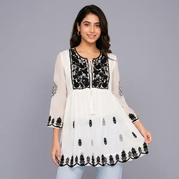 White_Chiffon_Relaxed_Embroidered_Tunic_Top_For_Women