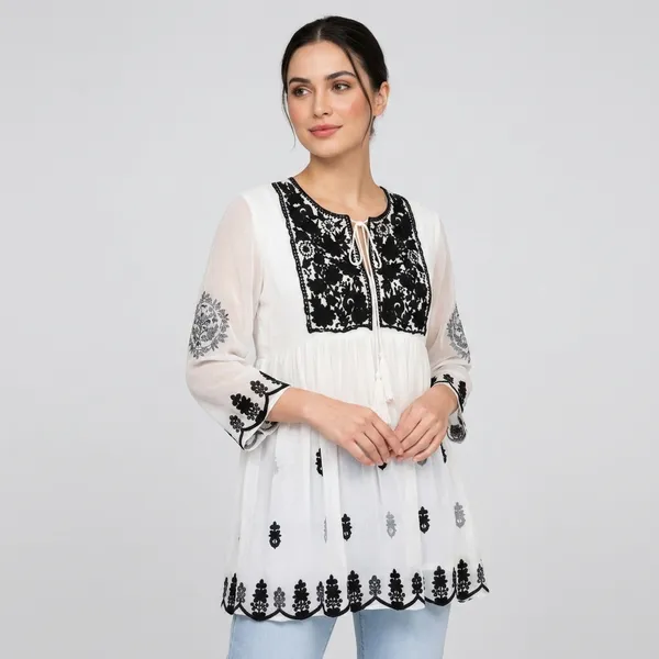 White_Chiffon_Relaxed_Embroidered_Tunic_Top_For_Women