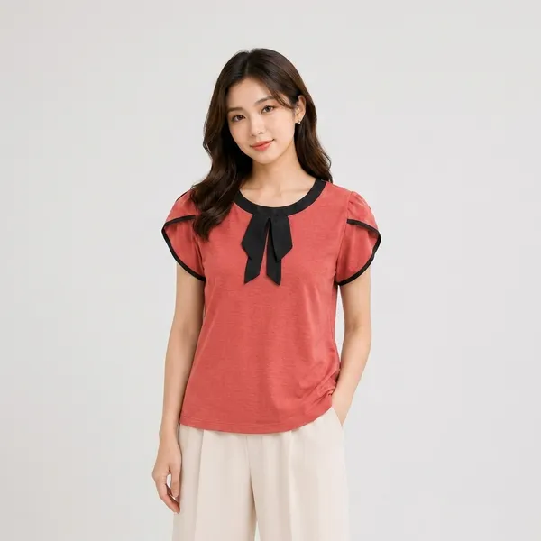 Orange_Lycra_Relaxed_Puff_Sleeve_Bow_Accent_Top_For_Women