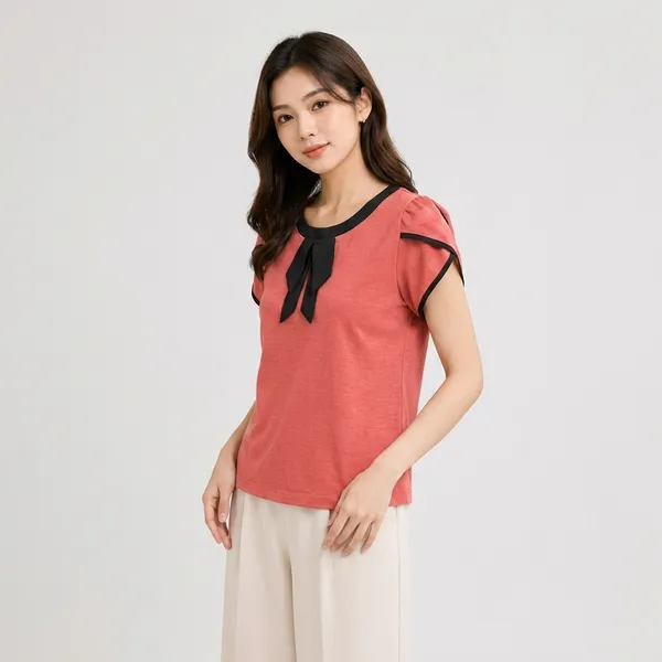 Orange_Lycra_Relaxed_Puff_Sleeve_Bow_Accent_Top_For_Women