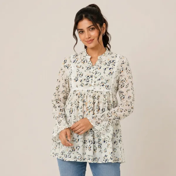 White_Chiffon_Floral_Print_Full_Sleeve_Tunic_Top_For_Women