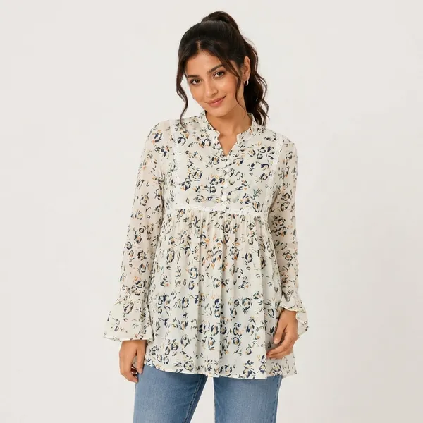 White_Chiffon_Floral_Print_Full_Sleeve_Tunic_Top_For_Women