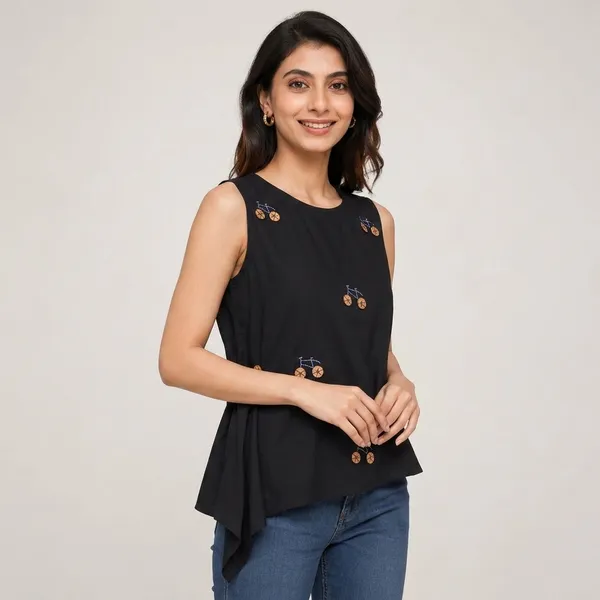 Black_Rayon_Sleeveless_Embroidered_Peplum_Top_For_Women