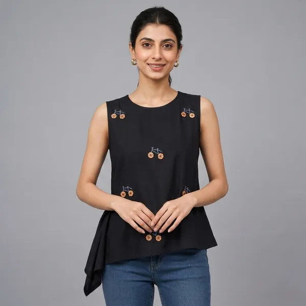 Black_Rayon_Sleeveless_Embroidered_Peplum_Top_For_Women