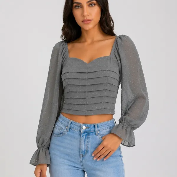 Grey_Chiffon_Puff_Sleeve_Ruched_Crop_Top_For_Women