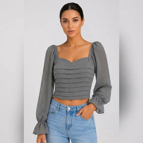 Grey_Chiffon_Puff_Sleeve_Ruched_Crop_Top_For_Women