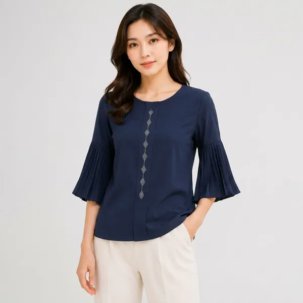 Blue_Satin_Relaxed_Pleated_Bell_Sleeve_Top_For_Women