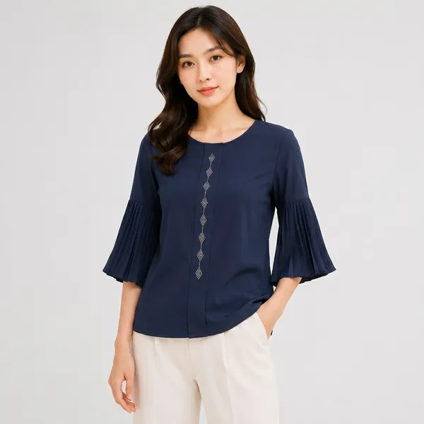 Blue_Satin_Relaxed_Pleated_Bell_Sleeve_Top_For_Women