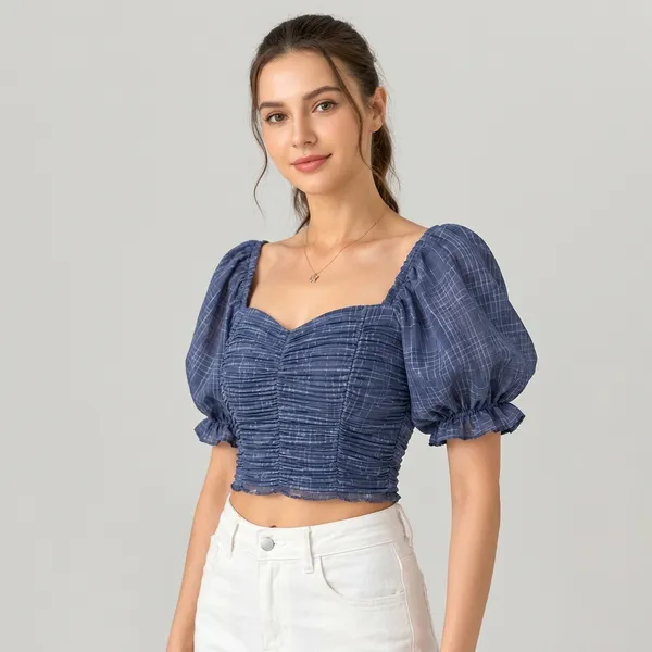 Grey_Chiffon_Checkered_Ruched_Puff_Sleeve_Crop_Top_For_Women