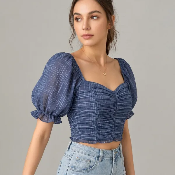 Grey_Chiffon_Checkered_Ruched_Puff_Sleeve_Crop_Top_For_Women