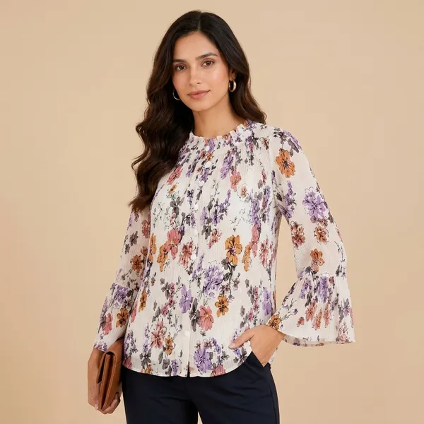 Peach_Crepe_Floral_Print_Bell_Sleeve_Top_For_Women