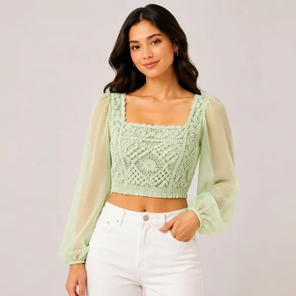 Green_Chiffon_Knitted_Sheer_Sleeve_Crop_Top_For_Women