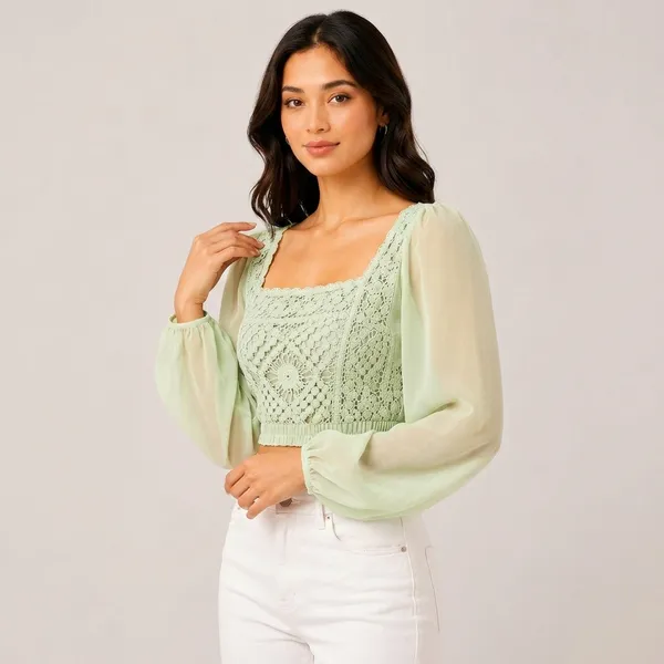 Green_Chiffon_Knitted_Sheer_Sleeve_Crop_Top_For_Women