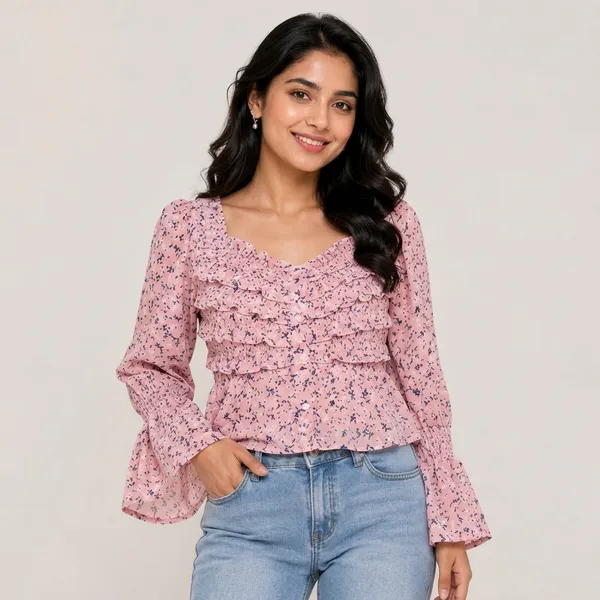 Pink_Chiffon_Floral_Print_Smocked_Peplum_Top_For_Women