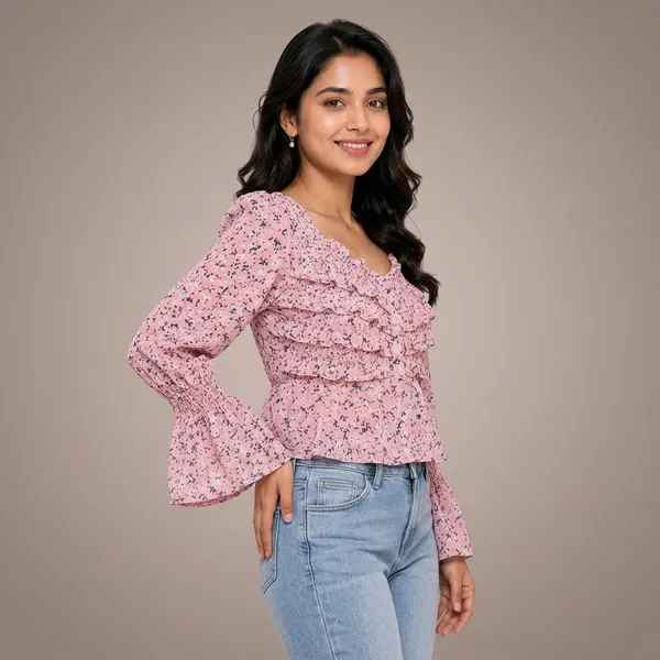 Pink_Chiffon_Floral_Print_Smocked_Peplum_Top_For_Women