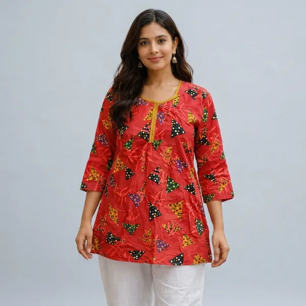 Red_Cotton_Floral_Print_A-Line_Short_Kurta_For_Women