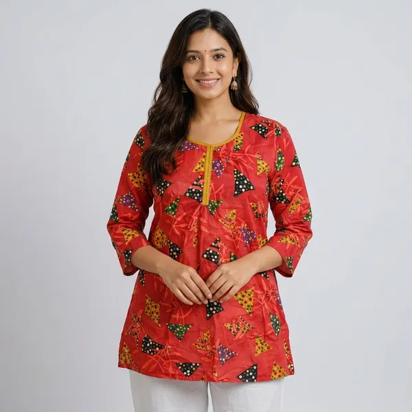 Red_Cotton_Floral_Print_A-Line_Short_Kurta_For_Women