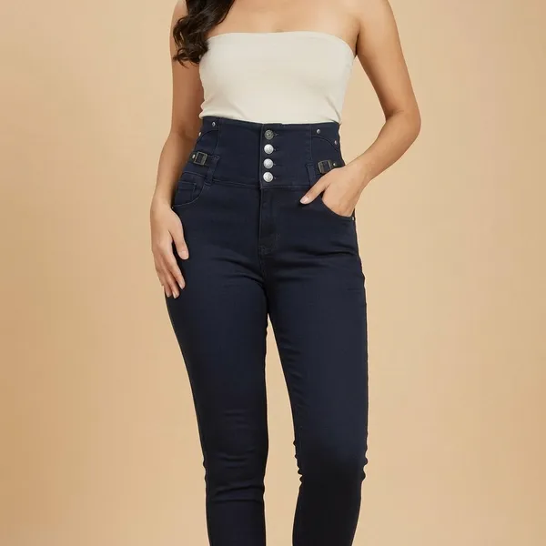 Black_Denim_High_Waist_Button_Front_Slim_Jeans_For_Women