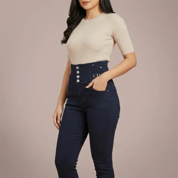 Black_Denim_High_Waist_Button_Front_Slim_Jeans_For_Women