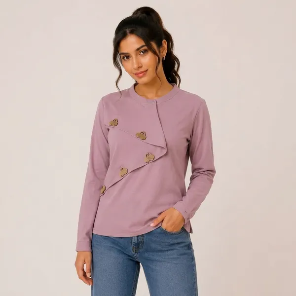 Pink_Polyester_Relaxed_Button_Detail_Long_Sleeve_Top_For_Women