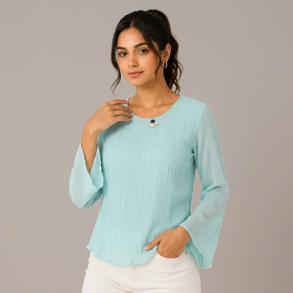 Blue_Crepe_Relaxed_Bell_Sleeve_Top_For_Women