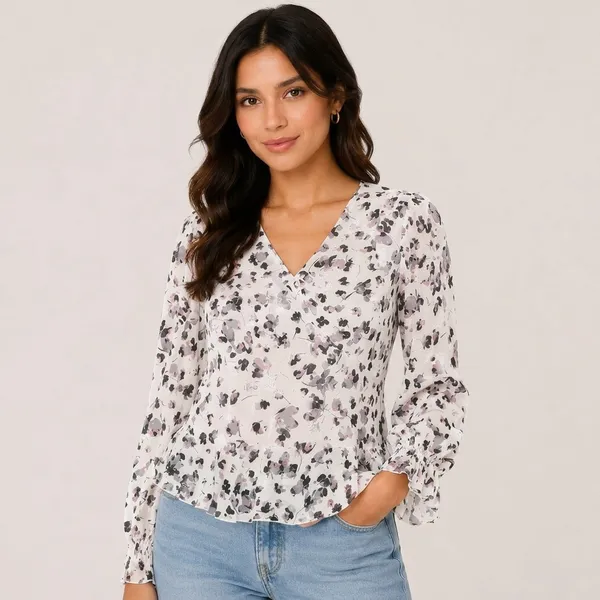 White_Chiffon_Floral_Print_V-Neck_Ruffle_Sleeve_Blouse_For_Women