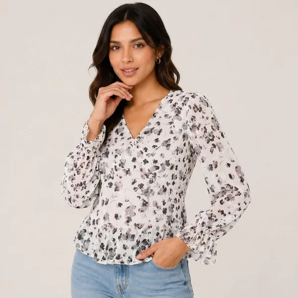 White_Chiffon_Floral_Print_V-Neck_Ruffle_Sleeve_Blouse_For_Women