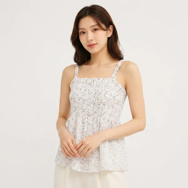 White_Chiffon_Floral_Print_Smocked_Cami_Top_For_Women