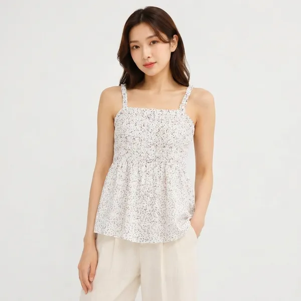 White_Chiffon_Floral_Print_Smocked_Cami_Top_For_Women