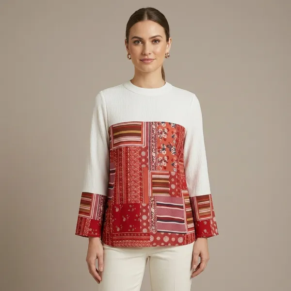 Red_Crepe_Patchwork_Ribbed_Top_For_Women