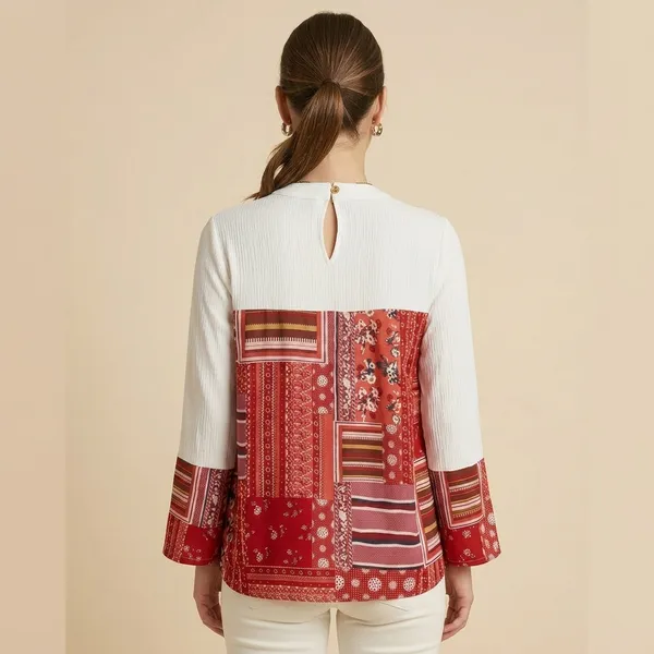 Red_Crepe_Patchwork_Ribbed_Top_For_Women