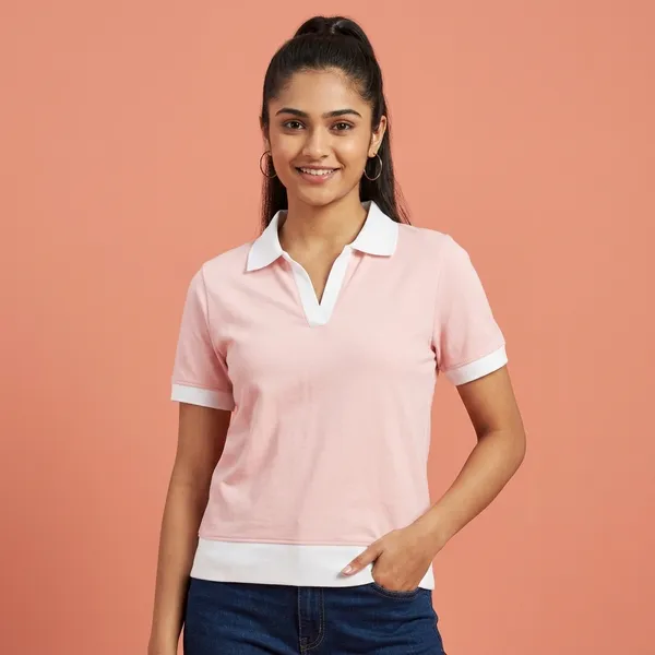 Pink_Cotton-Poly_Contrast_Trim_Polo_Top_For_Women