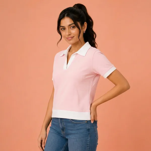 Pink_Cotton-Poly_Contrast_Trim_Polo_Top_For_Women