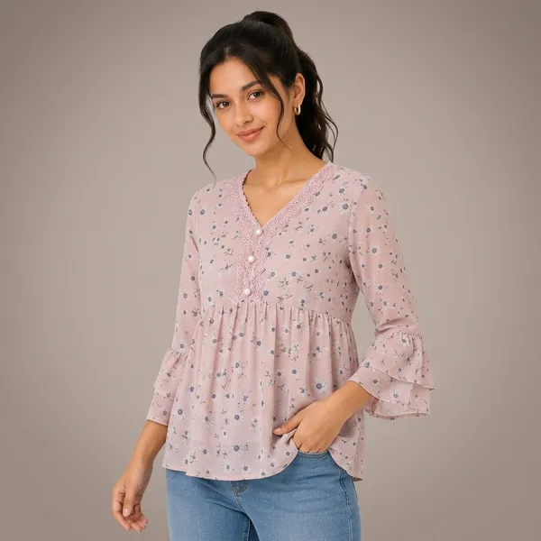 Dusty_Pink_Chiffon_Floral_Print_Flared_Top_For_Women