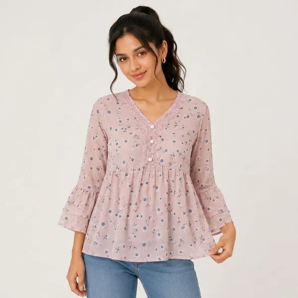 Dusty_Pink_Chiffon_Floral_Print_Flared_Top_For_Women