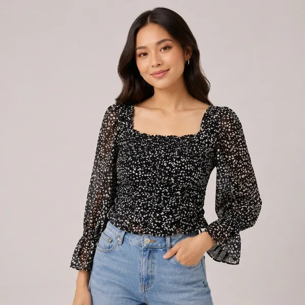 Black_Chiffon_Floral_Print_Square_Neck_Top_For_Women