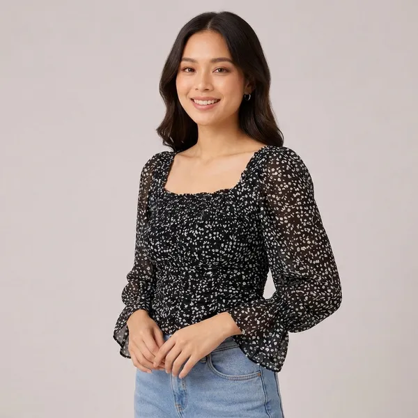 Black_Chiffon_Floral_Print_Square_Neck_Top_For_Women