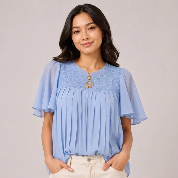 Blue_Chiffon_Smocked_Flared_Sleeve_Top_For_Women